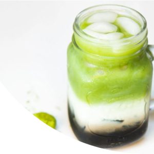 Dirty Matcha Oatmilk Latte with agar boba
